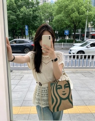 Wholesale Ivory Crochet Knit Drawstring Waist Short Sleeve Top