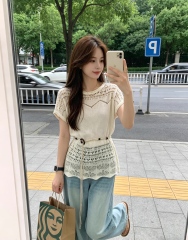 Wholesale Ivory Crochet Knit Drawstring Waist Short Sleeve Top
