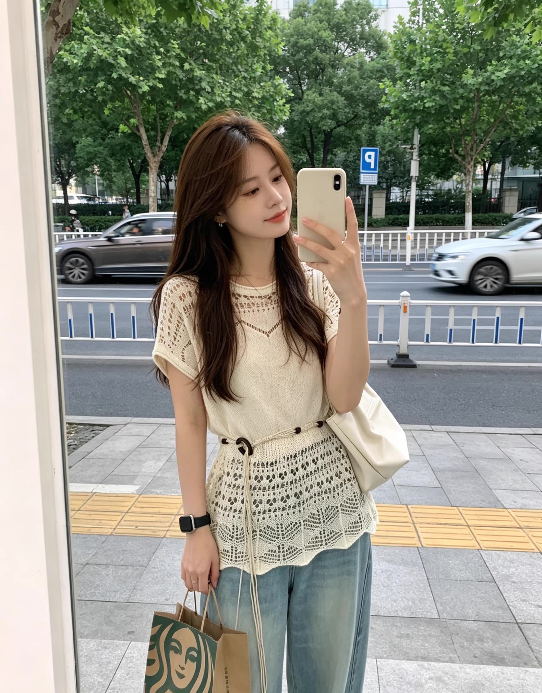 Wholesale Ivory Crochet Knit Drawstring Waist Short Sleeve Top