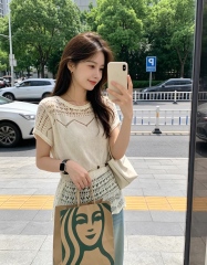 Wholesale Ivory Crochet Knit Drawstring Waist Short Sleeve Top