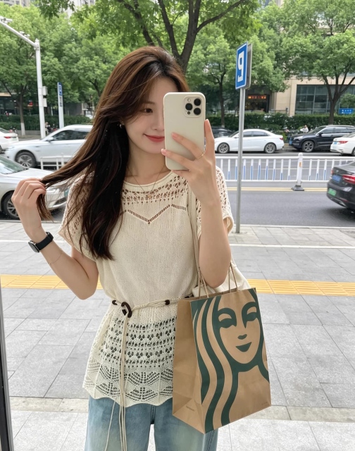 Wholesale Ivory Crochet Knit Drawstring Waist Short Sleeve Top