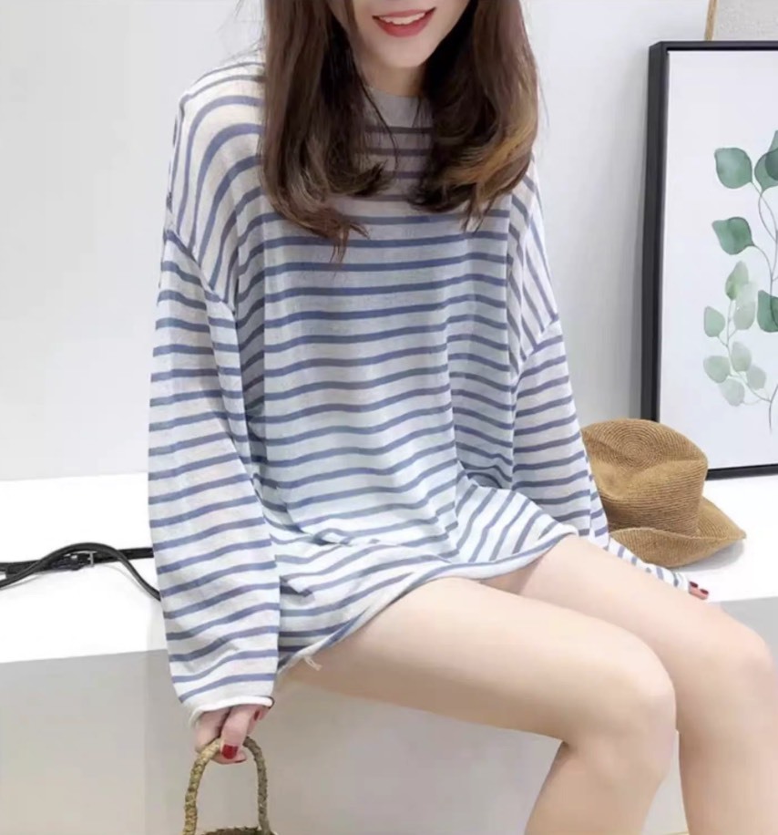 Personalized  Blue Striped Oversized Long Sleeve Knit T-Shirt