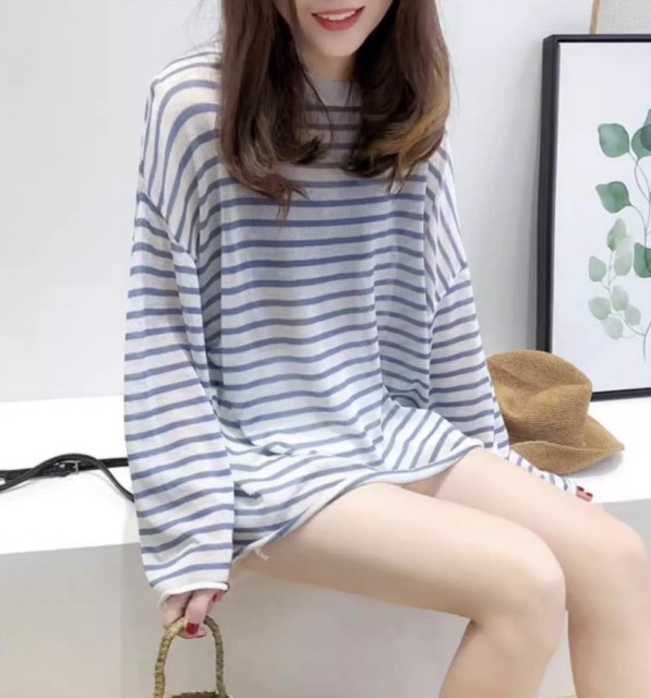 Personalized  Blue Striped Oversized Long Sleeve Knit T-Shirt