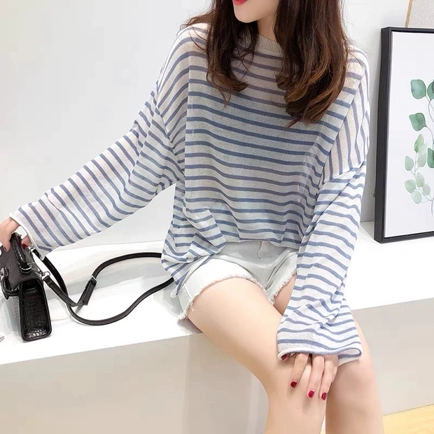 Personalized  Blue Striped Oversized Long Sleeve Knit T-Shirt