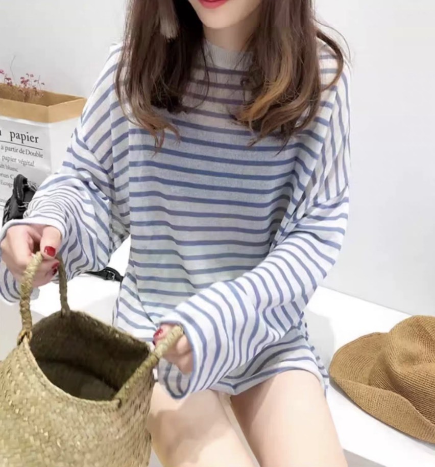 Personalized  Blue Striped Oversized Long Sleeve Knit T-Shirt