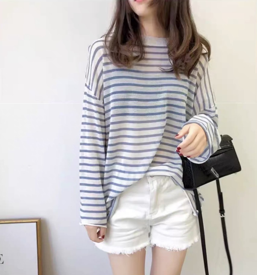 Personalized  Blue Striped Oversized Long Sleeve Knit T-Shirt