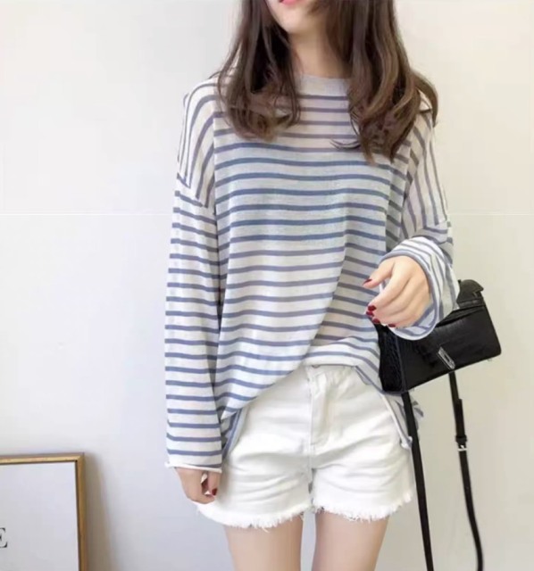 Personalized  Blue Striped Oversized Long Sleeve Knit T-Shirt