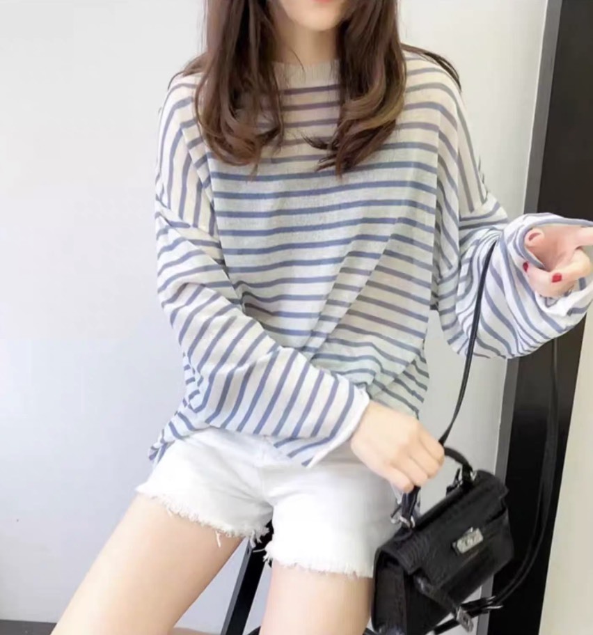 Personalized  Blue Striped Oversized Long Sleeve Knit T-Shirt