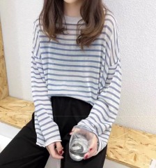 Personalized  Blue Striped Oversized Long Sleeve Knit T-Shirt