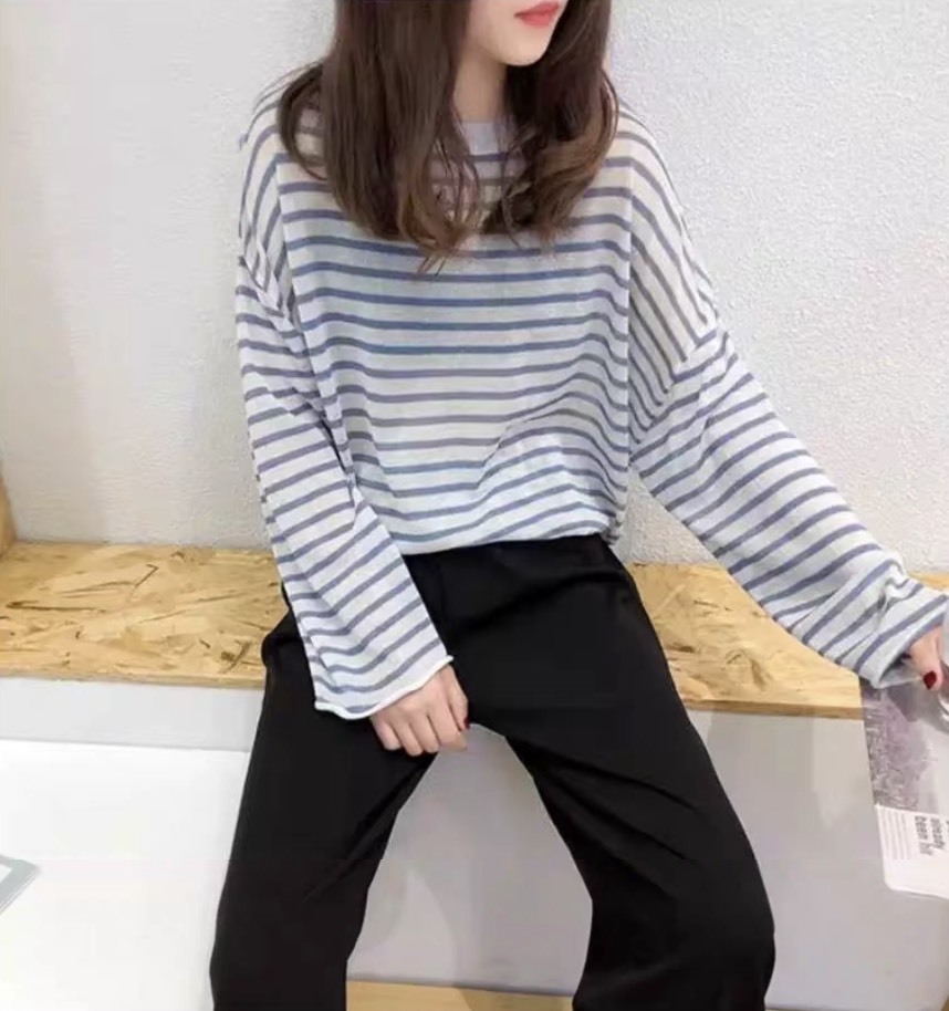 Personalized  Blue Striped Oversized Long Sleeve Knit T-Shirt