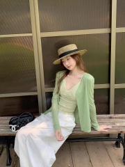 ODM OEM Sage Green Lightweight Sheer Knit Button-Up Cardigan