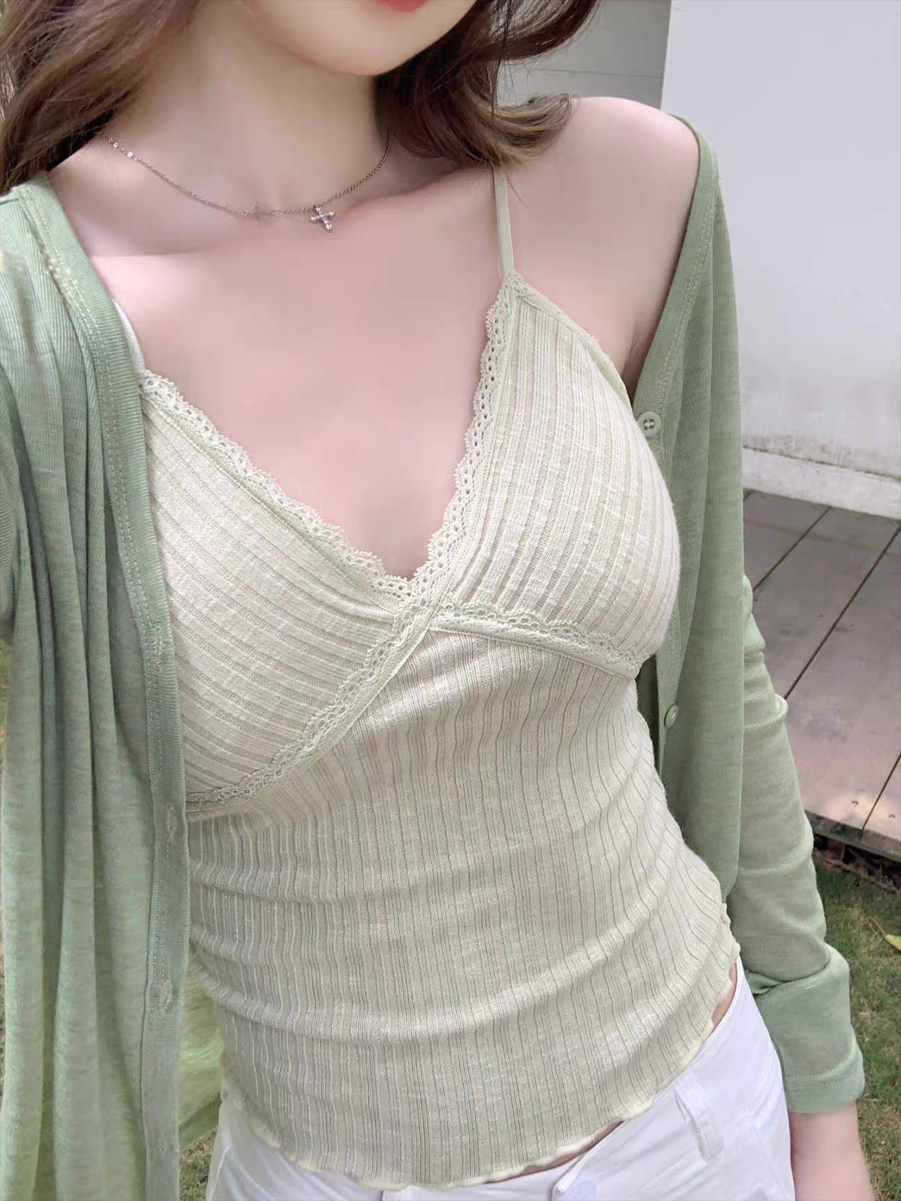 ODM OEM Sage Green Lightweight Sheer Knit Button-Up Cardigan
