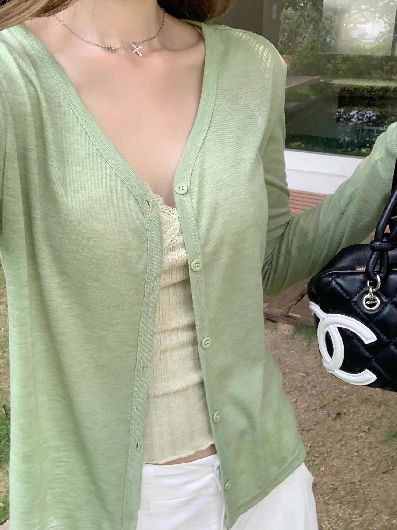 ODM OEM Sage Green Lightweight Sheer Knit Button-Up Cardigan