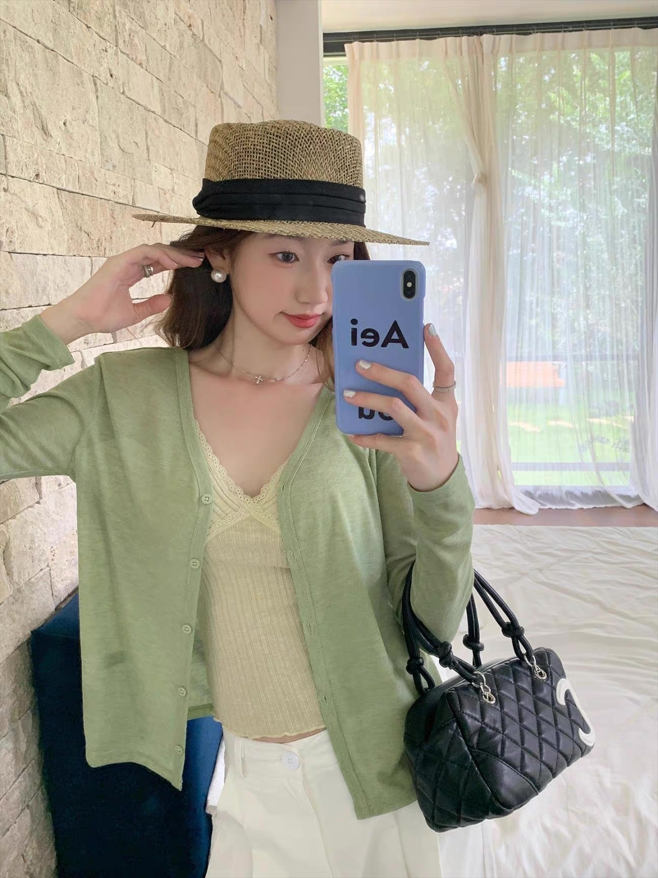 ODM OEM Sage Green Lightweight Sheer Knit Button-Up Cardigan