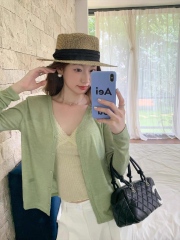 ODM OEM Sage Green Lightweight Sheer Knit Button-Up Cardigan