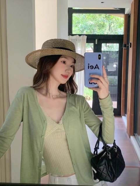 ODM OEM Sage Green Lightweight Sheer Knit Button-Up Cardigan