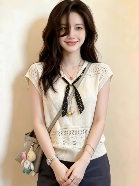 Made-to-order  Ivory Crochet Knit Sleeveless Vest Top with Bow Tie Detail