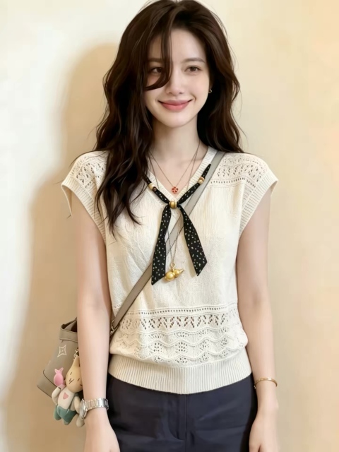 Made-to-order  Ivory Crochet Knit Sleeveless Vest Top with Bow Tie Detail