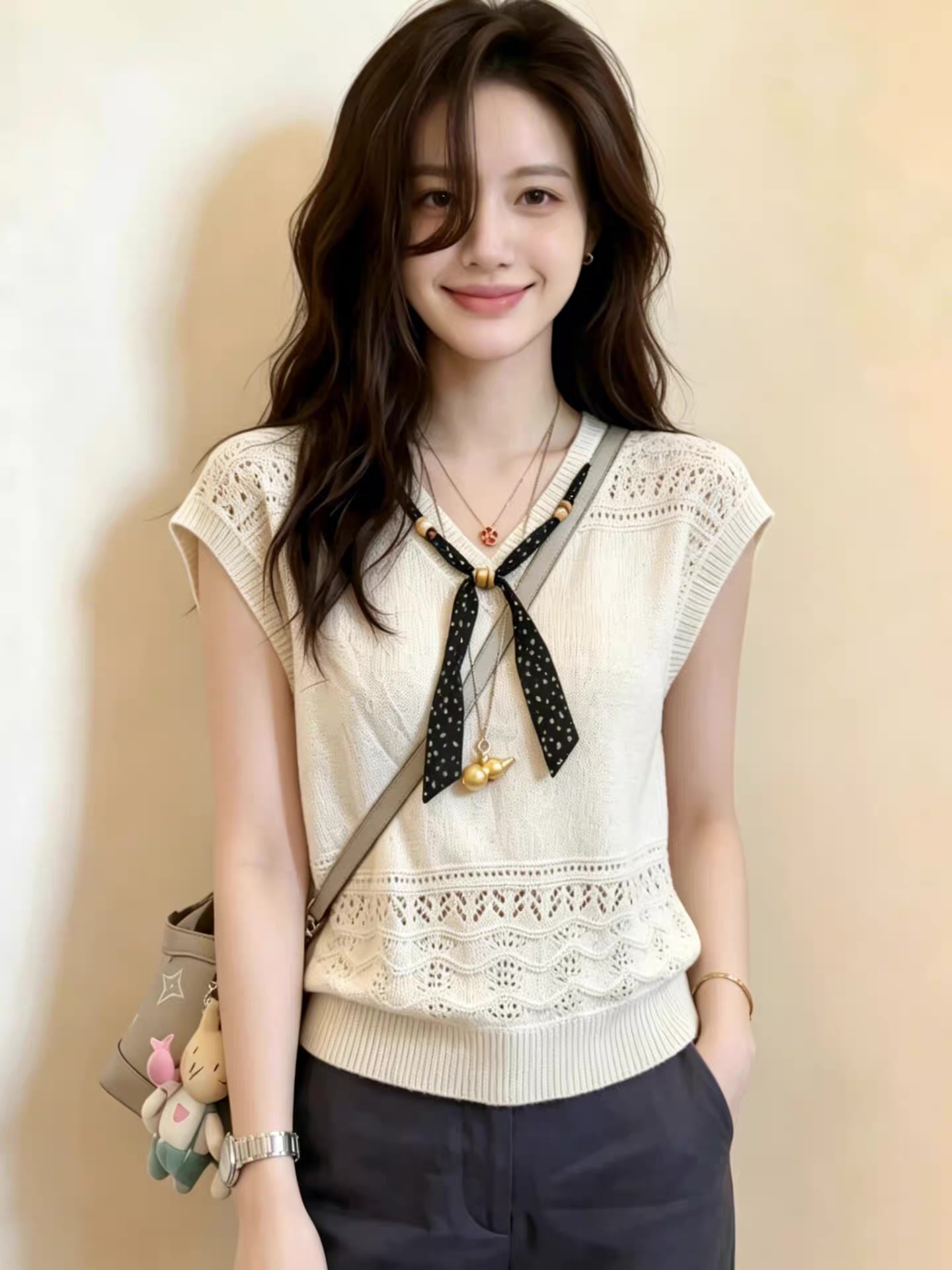 Made-to-order  Ivory Crochet Knit Sleeveless Vest Top with Bow Tie Detail