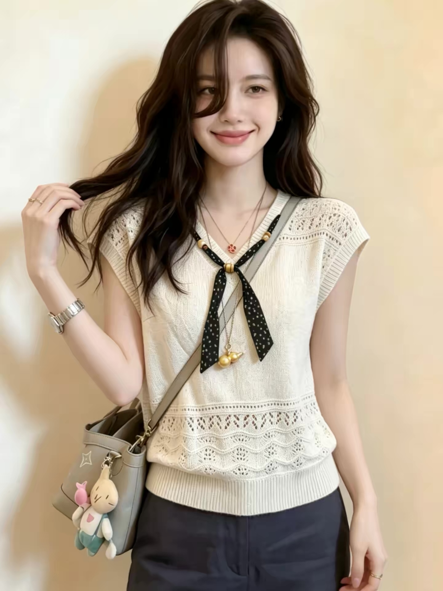 Made-to-order  Ivory Crochet Knit Sleeveless Vest Top with Bow Tie Detail