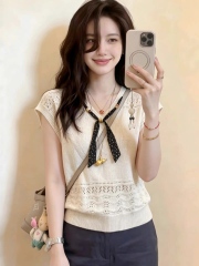Made-to-order  Ivory Crochet Knit Sleeveless Vest Top with Bow Tie Detail