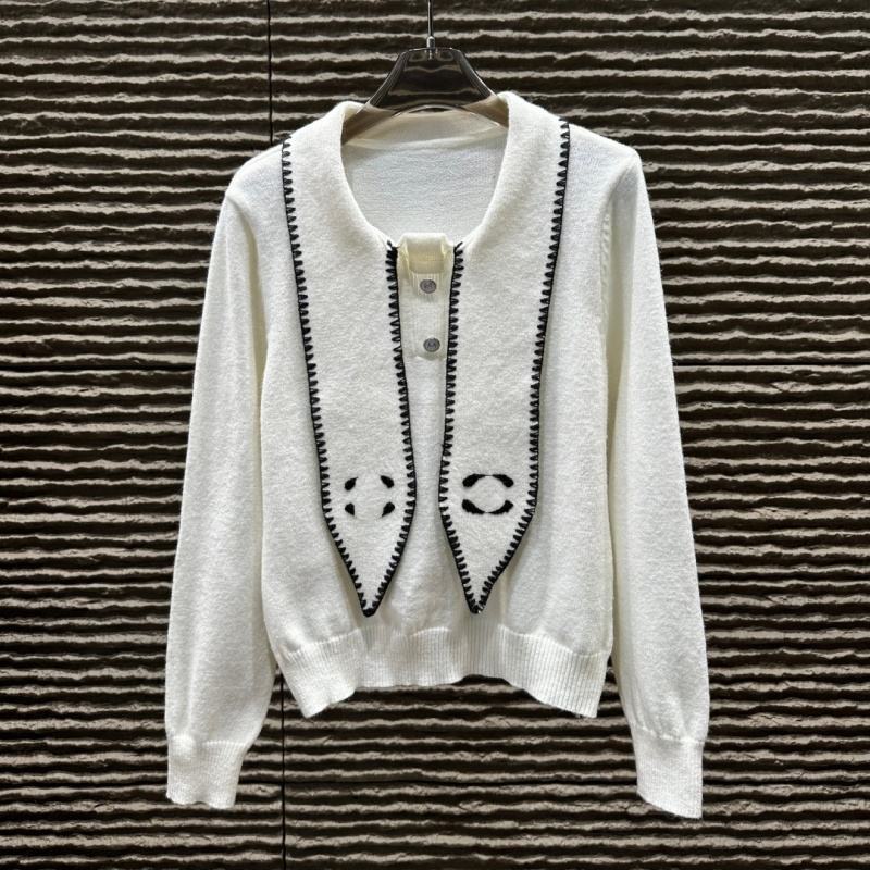 Made-to-order  Women’s White Knit Cardigan with Black Contrast Trim and Sailor Collar