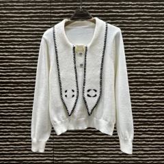 Made-to-order  Women’s White Knit Cardigan with Black Contrast Trim and Sailor Collar