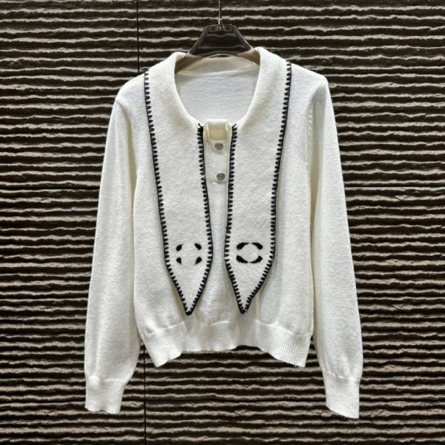 Made-to-order  Women’s White Knit Cardigan with Black Contrast Trim and Sailor Collar
