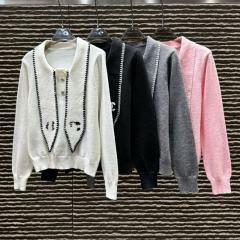 Made-to-order  Women’s White Knit Cardigan with Black Contrast Trim and Sailor Collar