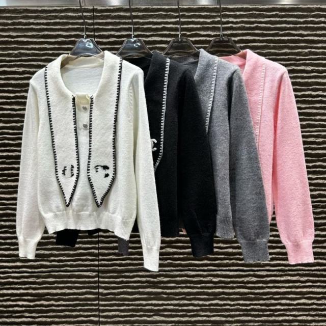Made-to-order  Women’s White Knit Cardigan with Black Contrast Trim and Sailor Collar