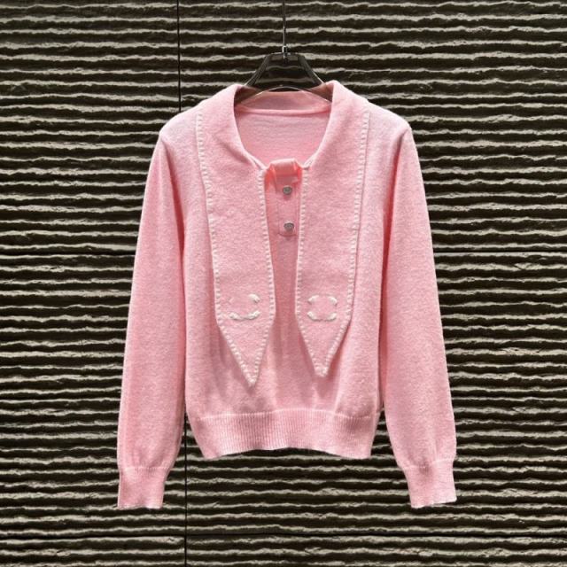 Made-to-order  Women’s White Knit Cardigan with Black Contrast Trim and Sailor Collar