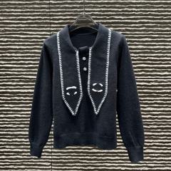Made-to-order  Women’s White Knit Cardigan with Black Contrast Trim and Sailor Collar