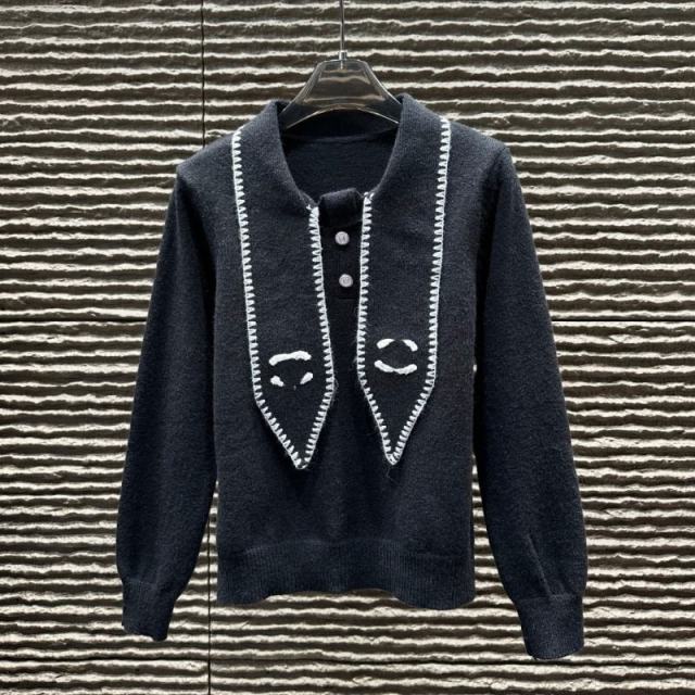 Made-to-order  Women’s White Knit Cardigan with Black Contrast Trim and Sailor Collar