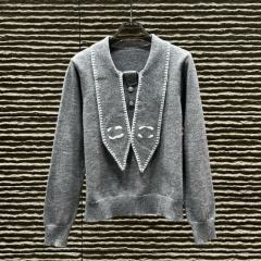 Made-to-order  Women’s White Knit Cardigan with Black Contrast Trim and Sailor Collar