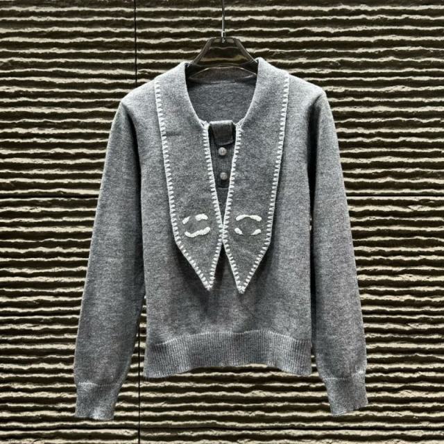 Made-to-order  Women’s White Knit Cardigan with Black Contrast Trim and Sailor Collar