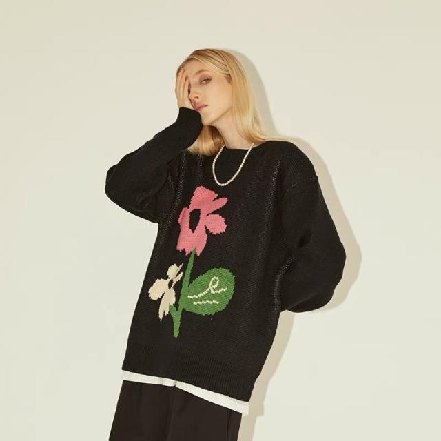 Made-to-order  Women’s Black Oversized Knit Sweater with Floral Graphic Pattern
