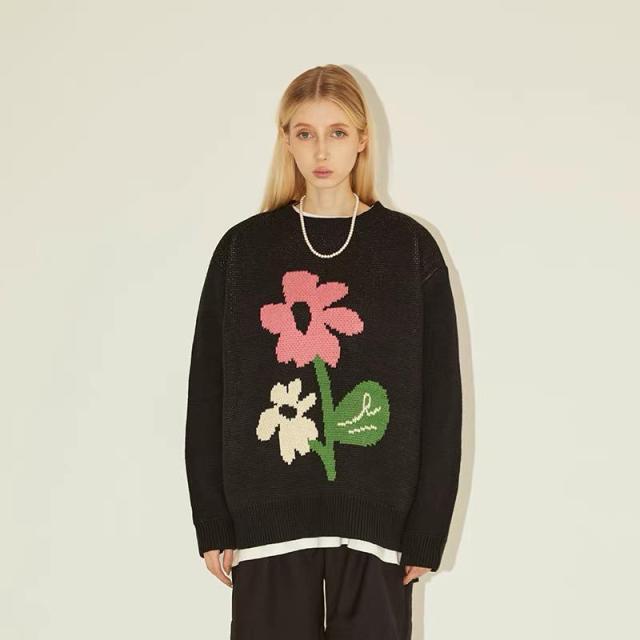 Made-to-order  Women’s Black Oversized Knit Sweater with Floral Graphic Pattern