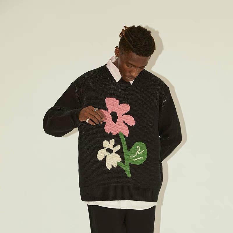 Made-to-order  Women’s Black Oversized Knit Sweater with Floral Graphic Pattern