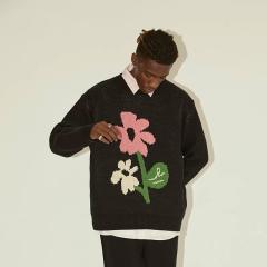 Made-to-order  Women’s Black Oversized Knit Sweater with Floral Graphic Pattern