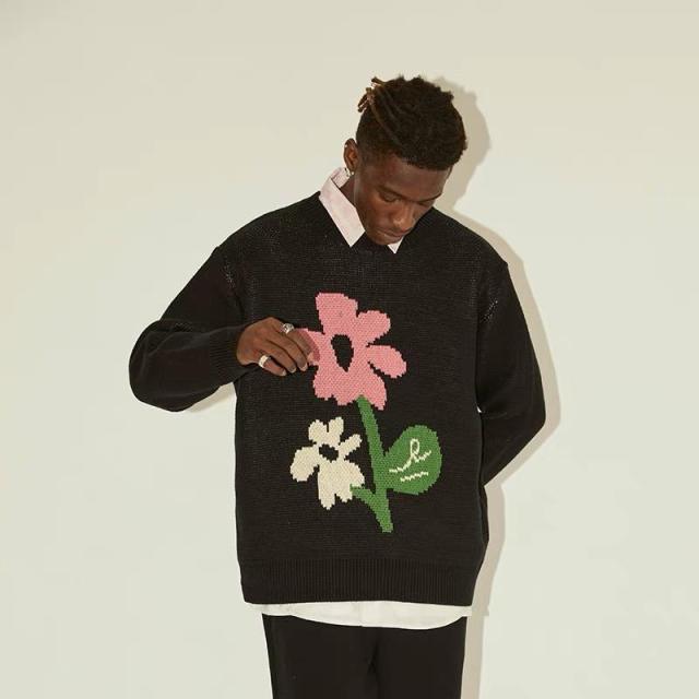 Made-to-order  Women’s Black Oversized Knit Sweater with Floral Graphic Pattern