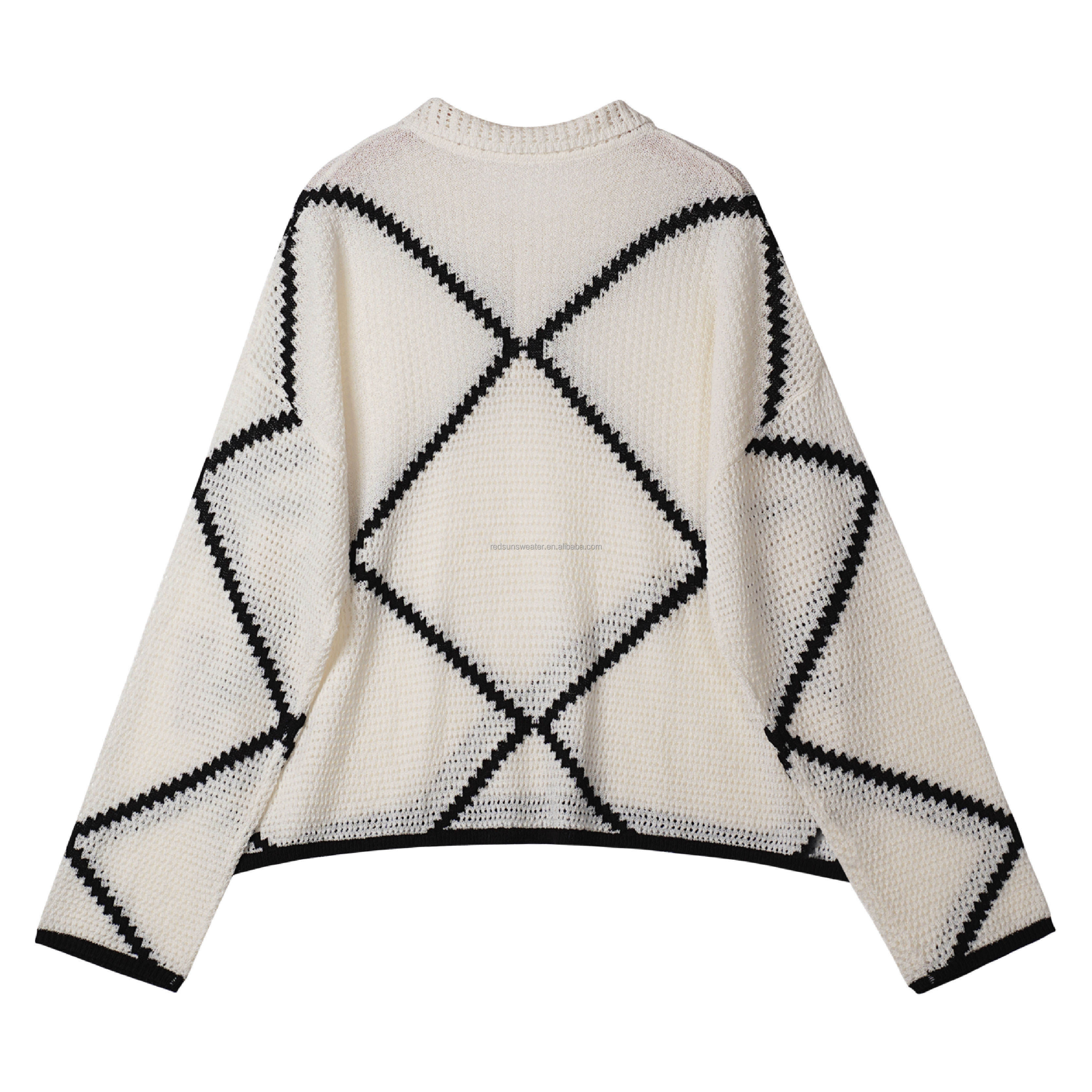 Made-to-order  Women’s Ivory Geometric Knit Polo Sweater with Black Contrast Diamond Pattern