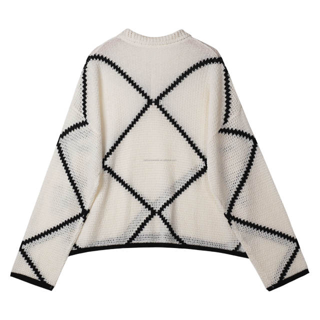 Made-to-order  Women’s Ivory Geometric Knit Polo Sweater with Black Contrast Diamond Pattern