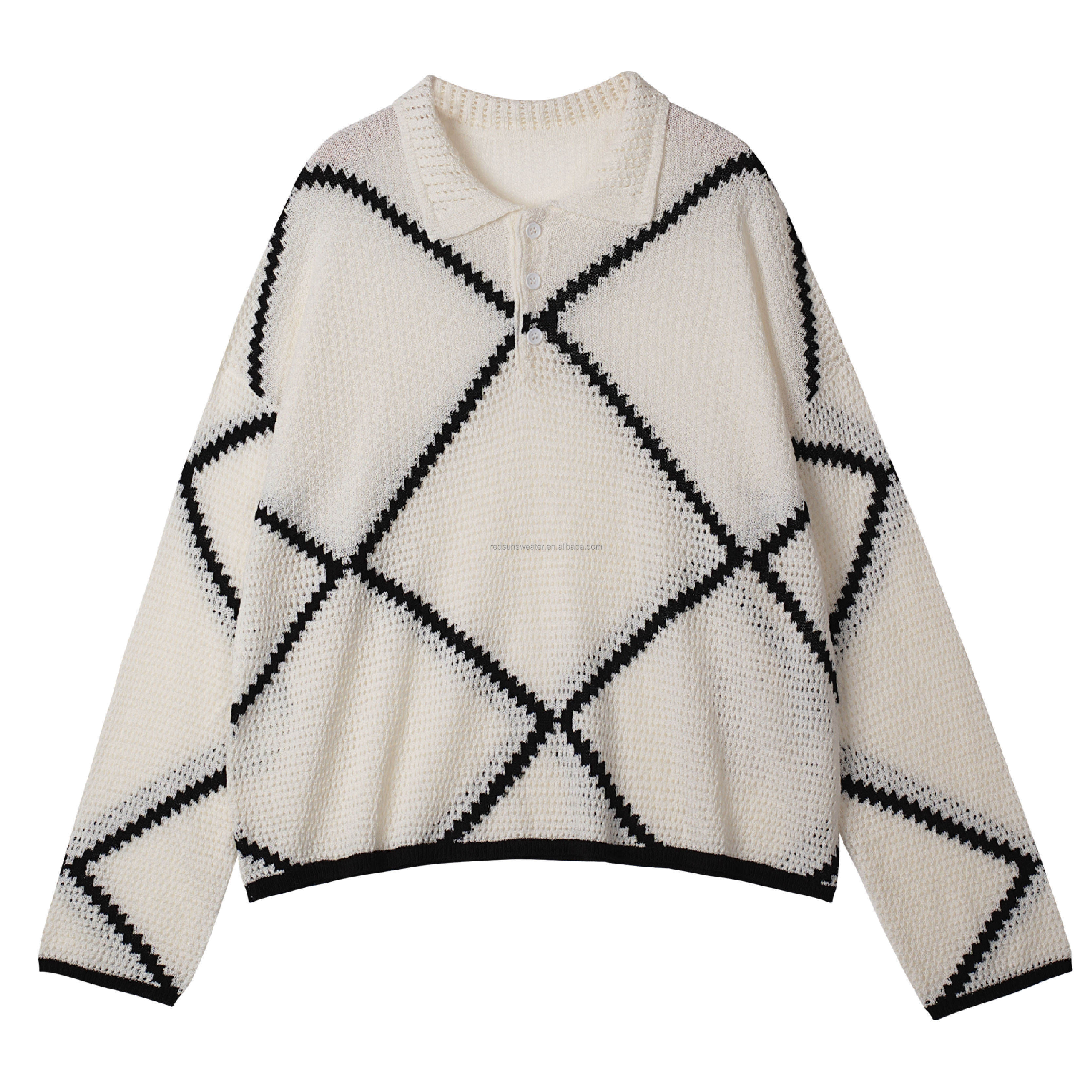 Made-to-order  Women’s Ivory Geometric Knit Polo Sweater with Black Contrast Diamond Pattern