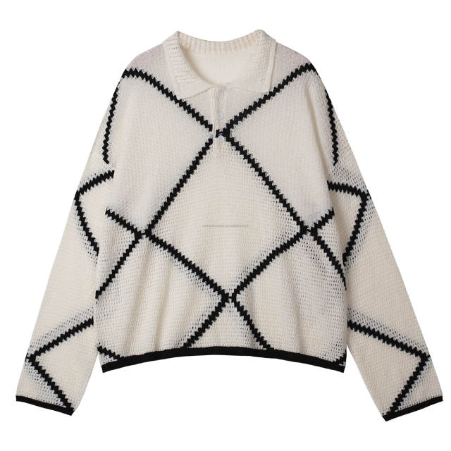 Made-to-order  Women’s Ivory Geometric Knit Polo Sweater with Black Contrast Diamond Pattern