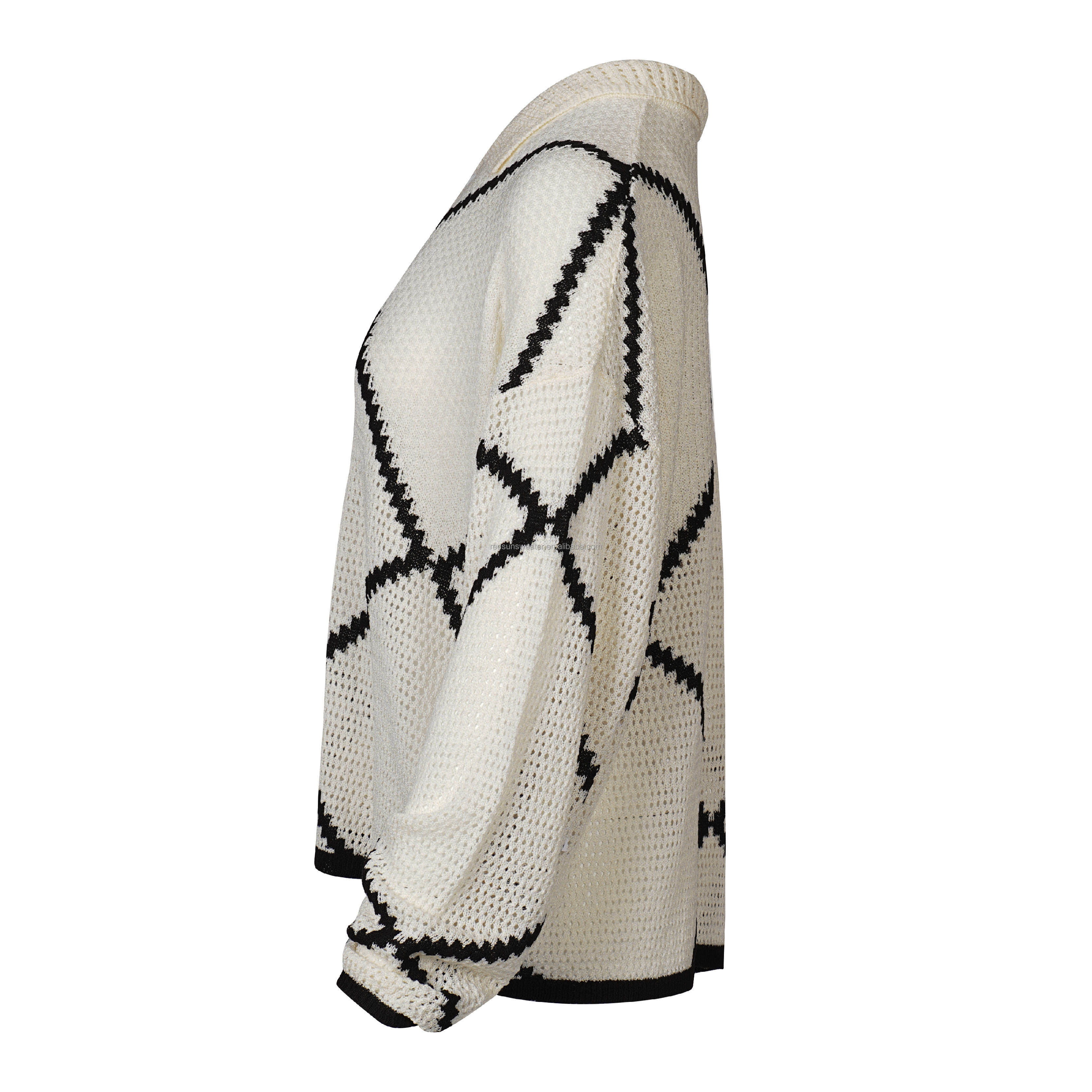 Made-to-order  Women’s Ivory Geometric Knit Polo Sweater with Black Contrast Diamond Pattern
