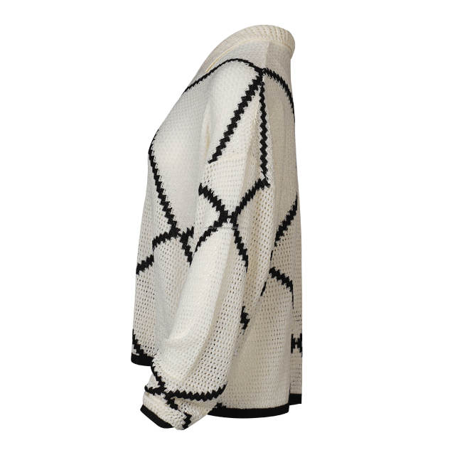 Made-to-order  Women’s Ivory Geometric Knit Polo Sweater with Black Contrast Diamond Pattern