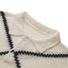 Made-to-order  Women’s Ivory Geometric Knit Polo Sweater with Black Contrast Diamond Pattern