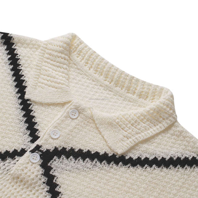 Made-to-order  Women’s Ivory Geometric Knit Polo Sweater with Black Contrast Diamond Pattern