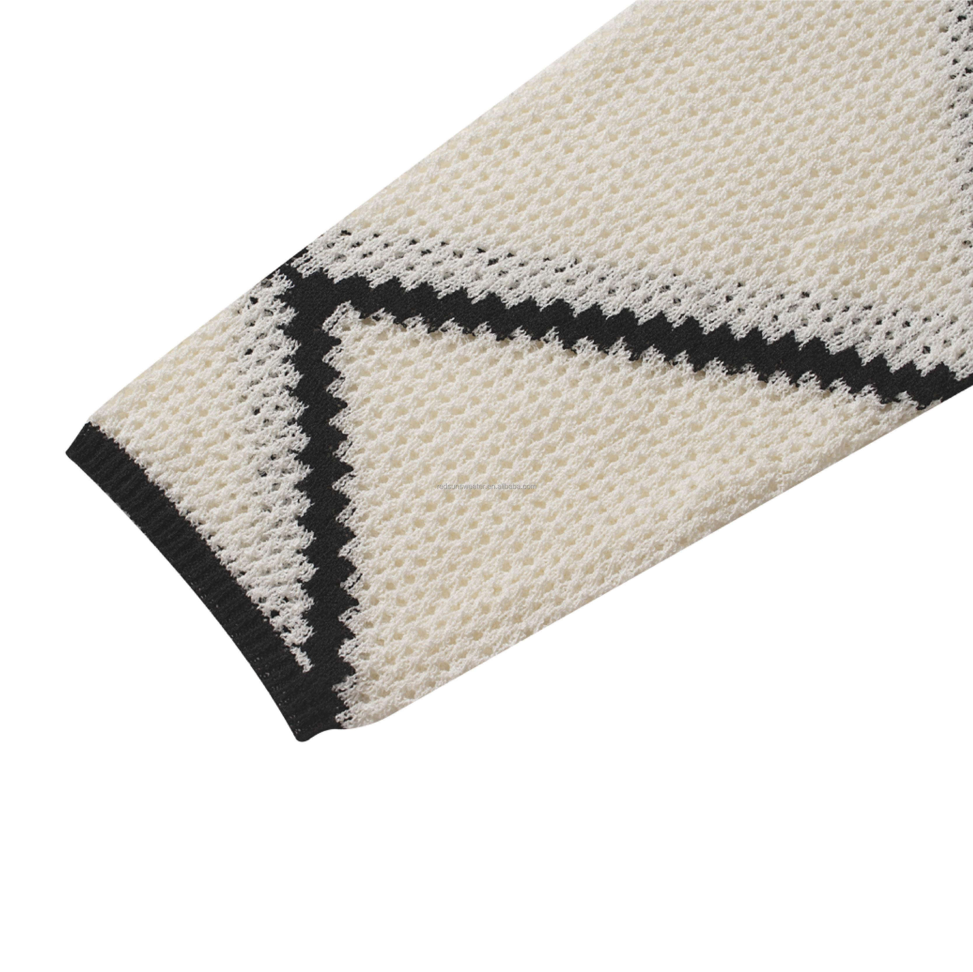 Made-to-order  Women’s Ivory Geometric Knit Polo Sweater with Black Contrast Diamond Pattern