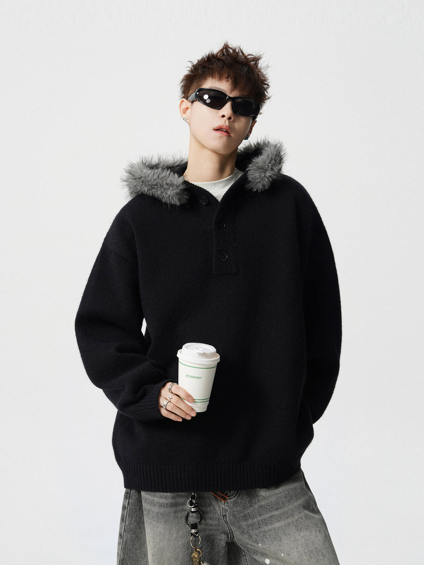 Made-to-order Oversized Black Hooded Knit Sweater with Gray Faux Fur Trim
